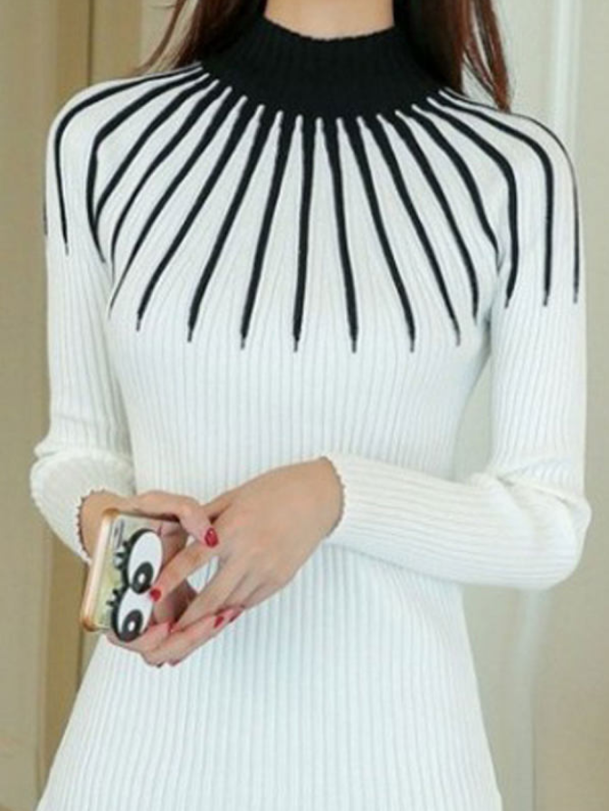 High Neck Patchwork Striped Long Sleeve Sweaters Pullover
